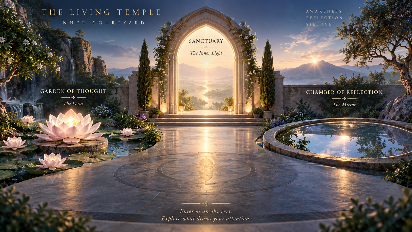 A luminous temple courtyard with a lotus garden, reflecting pool, and central sanctuary doorway.